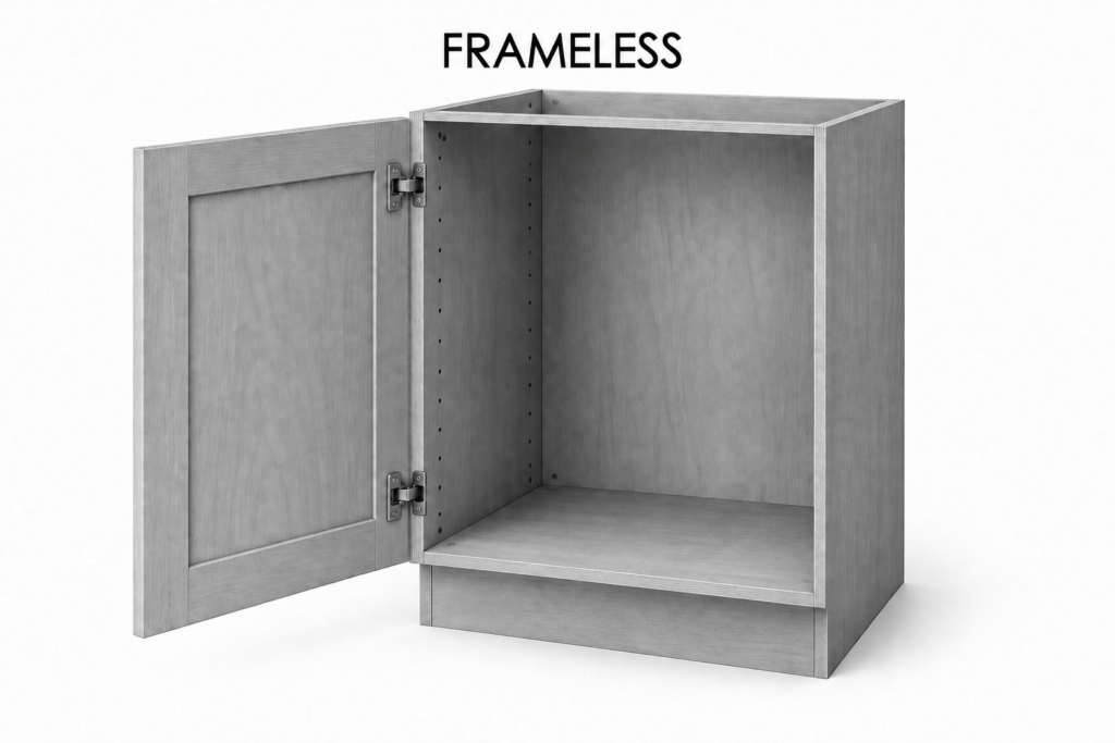 open frameless cabinet interior